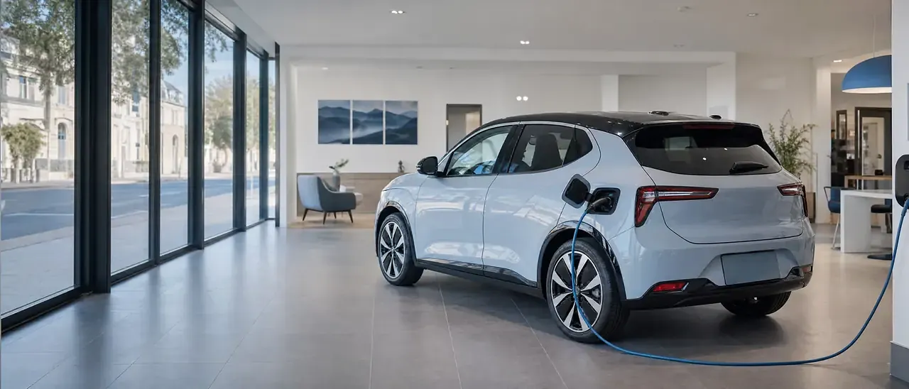 Voiture électrique neuve en recharge dans le hall d'une concession