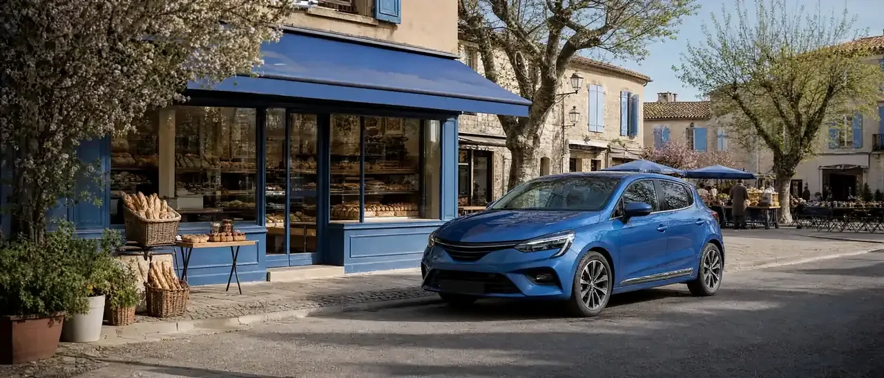 Voiture essence récente, classée Crit'Air 1, garée devant une boulangerie de village