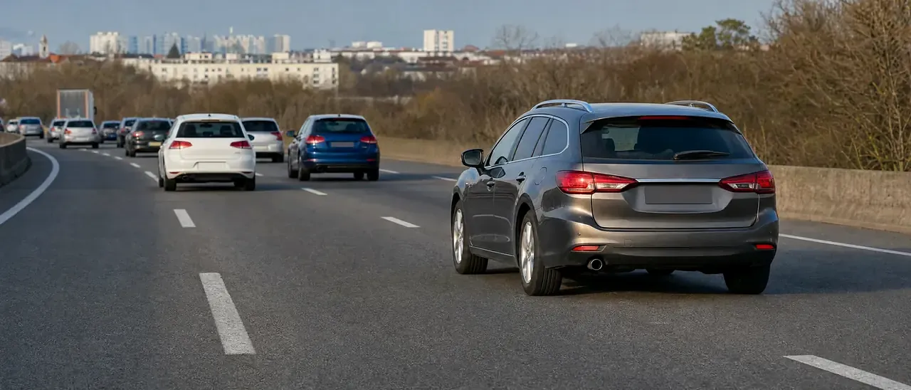 Break diesel récent, classé Crit'Air 2, sur une voie rapide en périphérie de ville