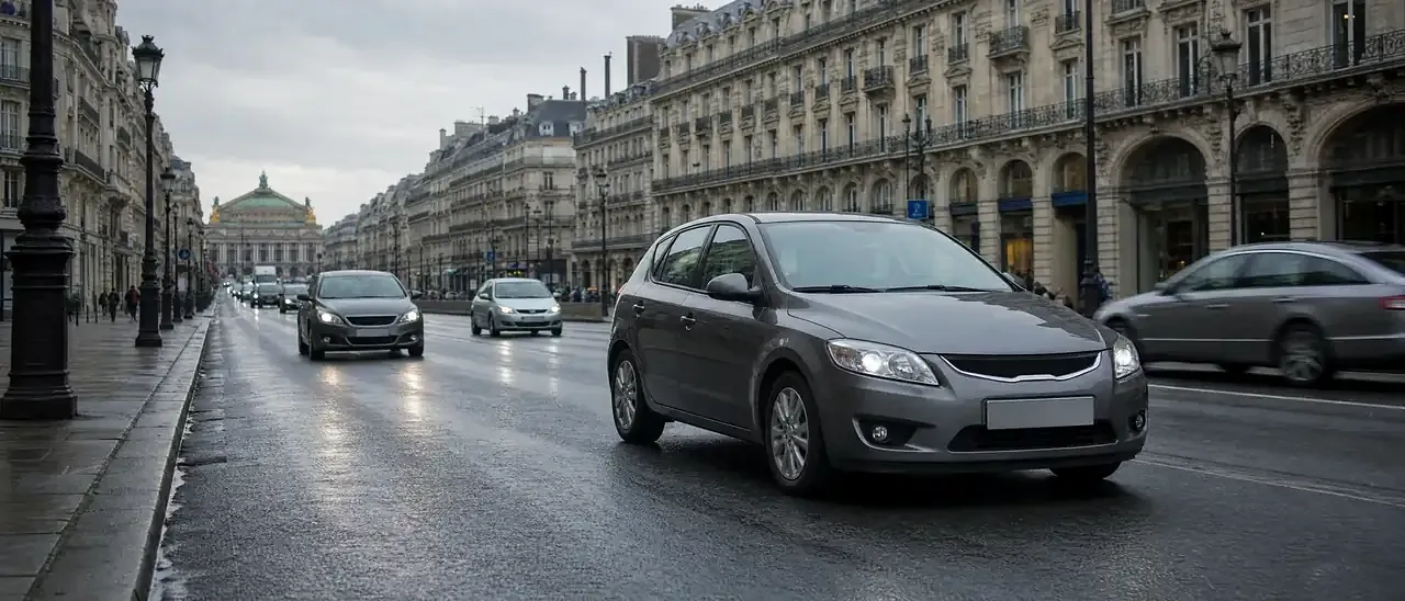 Voiture diesel de la fin des années 2000, classée Crit'Air 3, sur un boulevard de grande ville