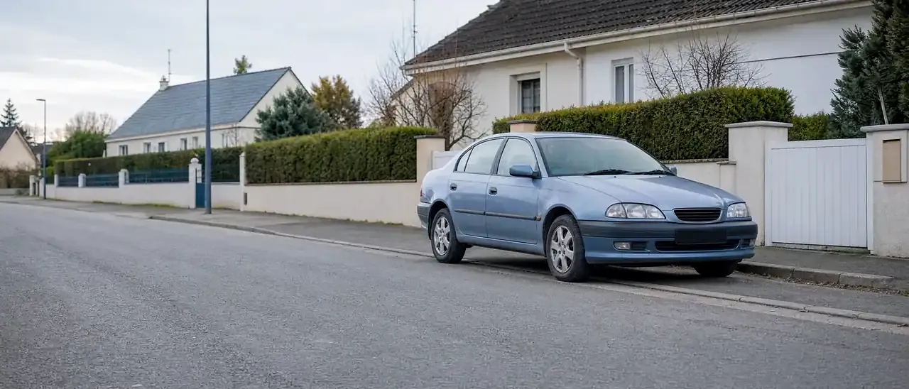 Berline diesel du début des années 2000, classée Crit'Air 4, garée dans une rue de banlieue