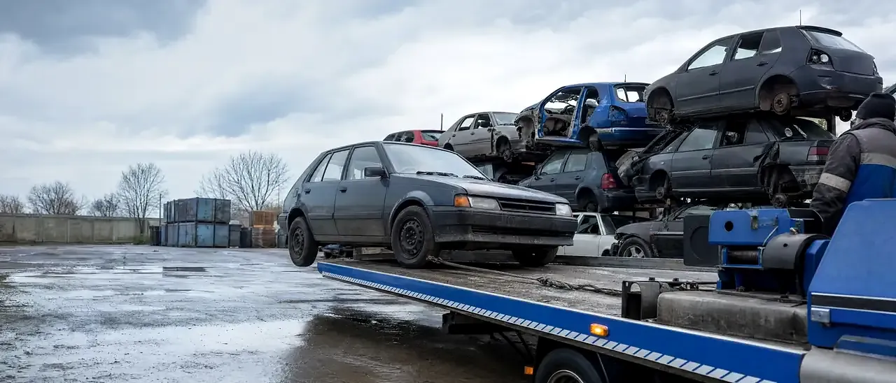 Vieille voiture chargée sur une dépanneuse à l'entrée d'une casse automobile