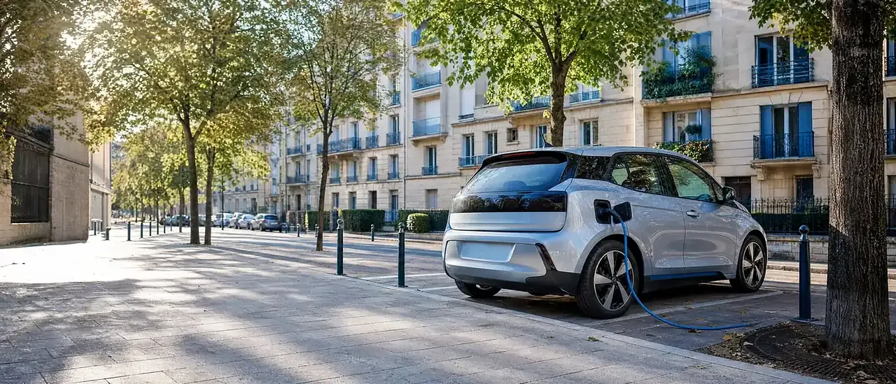 Petite voiture électrique en charge sur une borne publique dans une rue