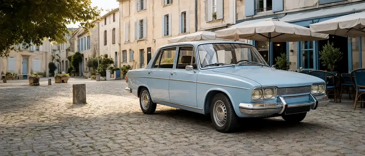 Voiture de collection des années 1970 garée sur une place pavée, un cas de dérogation ZFE