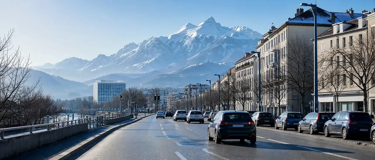 Circulation sur une avenue de Grenoble devant les sommets enneigés