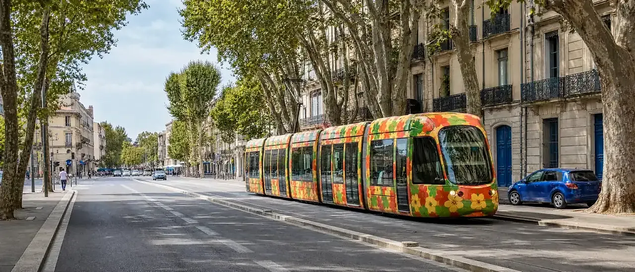 Tramway et voitures sur une grande avenue ensoleillée de Montpellier