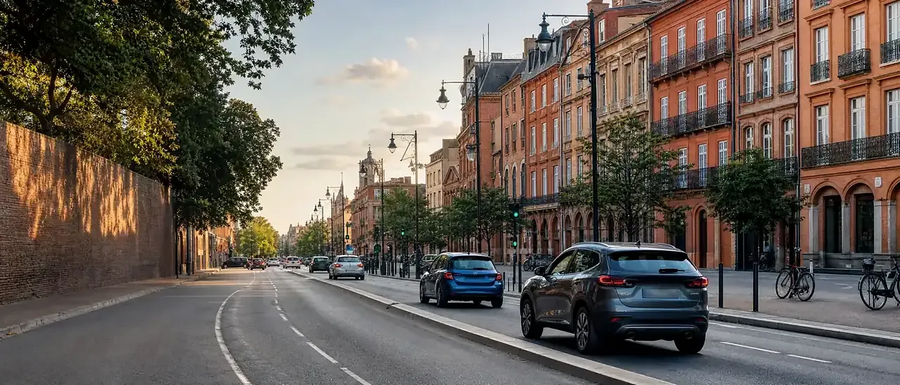 Voitures sur un boulevard de Toulouse bordé d'immeubles en brique rose